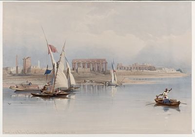 尼罗河上卢克索废墟的全景。1838