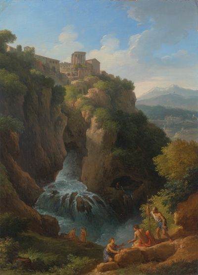 蒂沃利的瀑布，西比尔神庙和前景中休息的人物