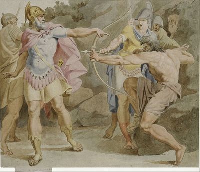 菲洛克忒斯将大力神之弓对准奥德修斯