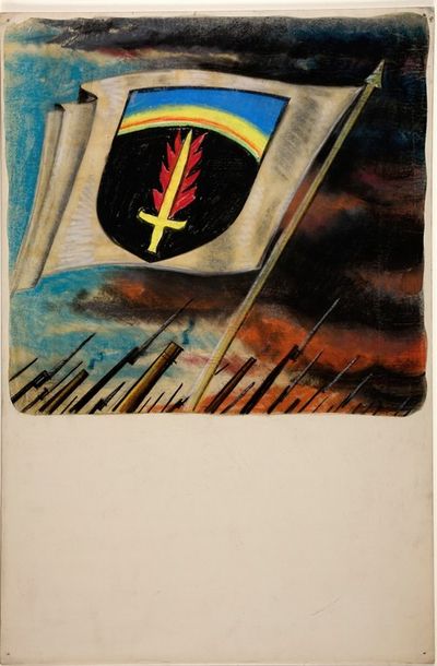 Flag, with flaming sword on shield motif
