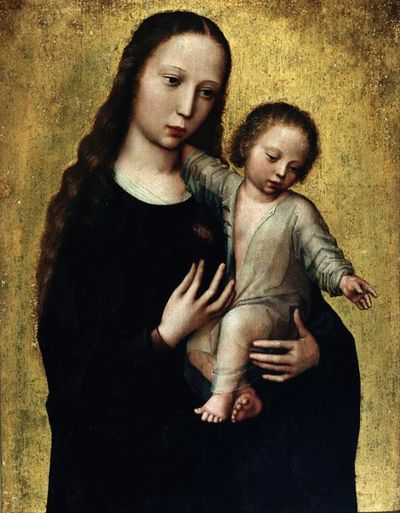 穿着衬衫的圣母玛利亚和孩子耶稣