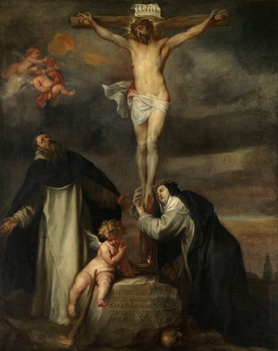 基督与锡耶纳的圣凯瑟琳、圣多明尼克和天使在十字架上