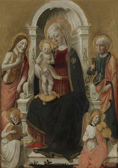 圣母玛利亚与施洗者圣约翰、圣彼得和两位天使一起制作音乐