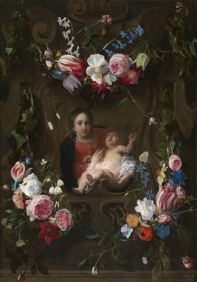 鲜花花环中的圣母玛利亚