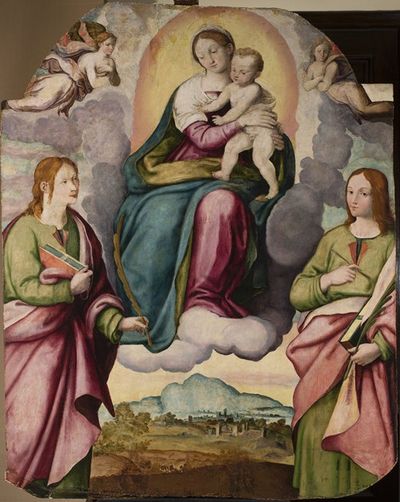 圣母和孩子耶稣在云端