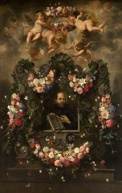 圣依纳爵被鲜花花环包围