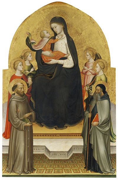 圣母和基督儿童与天使和圣徒玛丽抹大拉，弗朗西斯，多萝西和安东尼·阿博特