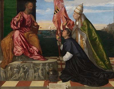 教皇亚历山大六世向圣彼得赠送主教雅克波·佩萨罗