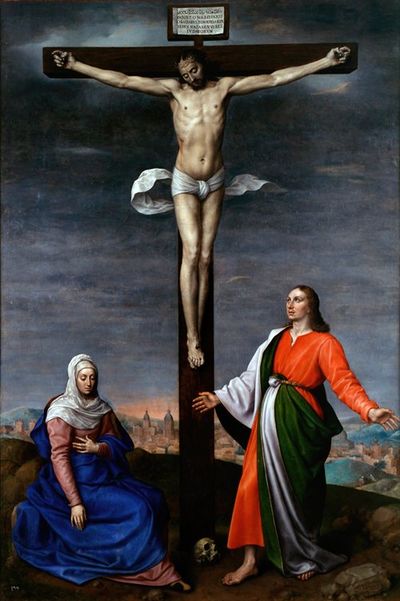 作品展示了耶稣基督与圣母玛利亚和福音传道者圣约翰一起被钉在十字架上