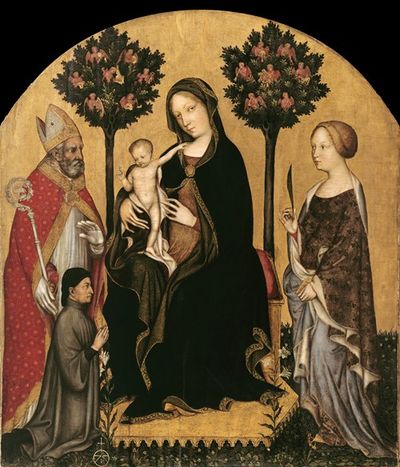 玛丽与孩子、圣徒和捐赠人在一起