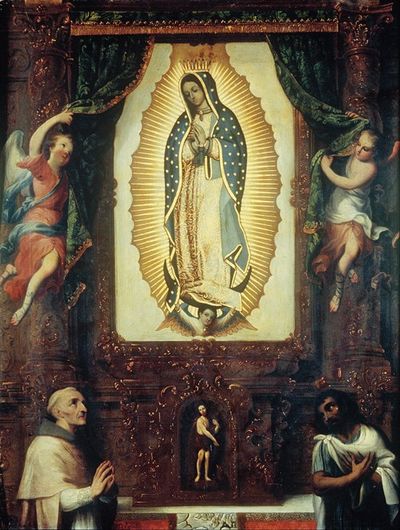 瓜达卢佩圣母与施洗者圣约翰、弗雷·胡安·德·祖马拉加（Fray Juan de Zumárraga）和胡安·迭戈（Juan Diego）的祭坛画