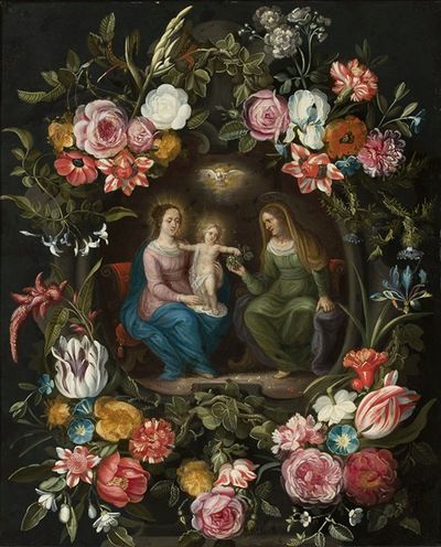 圣安妮与圣母玛利亚和孩子耶稣在一圈鲜花中