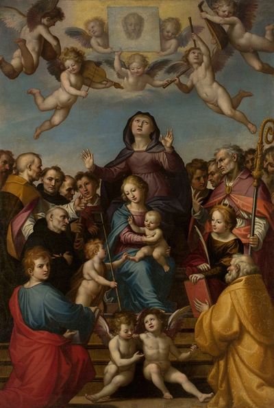 圣安妮与圣母玛利亚、儿童耶稣和圣徒在崇拜中