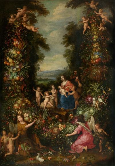 圣家与施洗者圣约翰的婴儿被鲜花、蔬菜和水果的花环包围