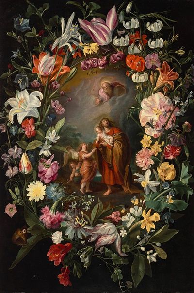 圣约翰带着基督的孩子，与上帝、父亲和天使一起被花环包围
