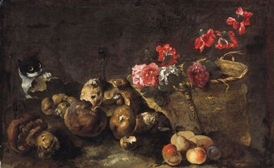 蘑菇、水果、一篮子鲜花和一只猫的静物
