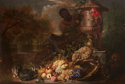 一个银色盘子上的水果静物，在破碎的首都和一个装饰的瓮下，有人物、兔子、鹦鹉和猴子