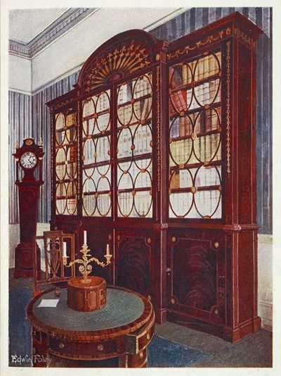 嵌入式红木折前书柜，红木基座中央桌
