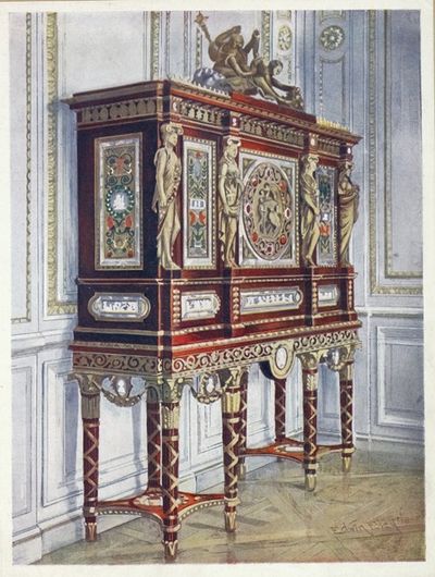 玛丽·安托瓦内特王后的珠宝柜，红木、镀金、镶嵌、雕刻并带有彩绘牌匾