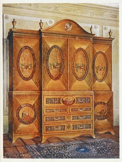 缎木衣柜，镶嵌有郁金香木、后宫木、冬青木、乌木、红木和其他木材
