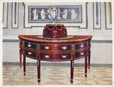 半圆形红木餐具柜和刀盒。用缎木、红木和乌木镶嵌和捆扎