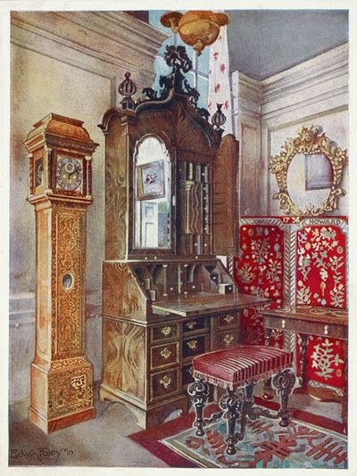 胡桃木橱柜顶部餐具室，镶嵌梧桐（“黄色”）时钟，雕刻餐桌