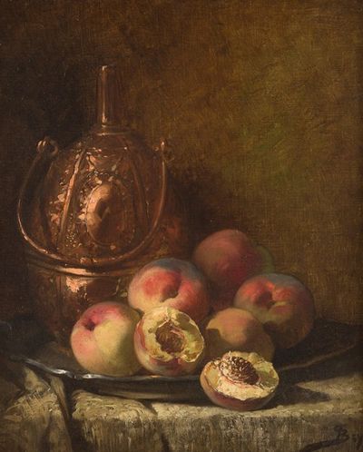 有器皿和桃子的静物
