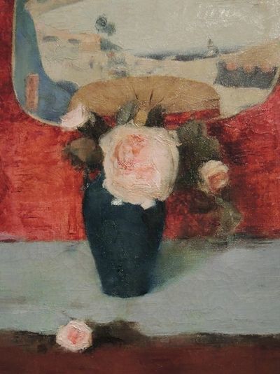 日本玫瑰和扇子，帆布油画
