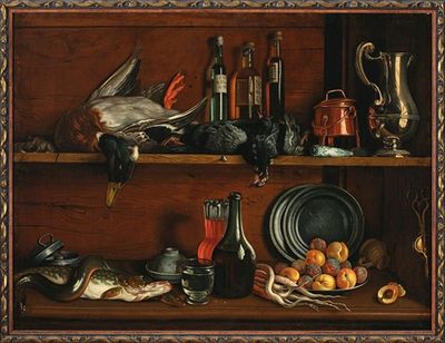 Trompe-l'oeil–储藏室中的橱柜，里面有野鸟、鱼和水果