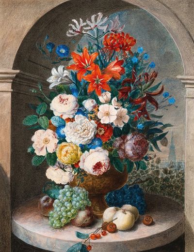 17世纪荷兰艺术家风格的静物花，远处的圣斯蒂芬大教堂