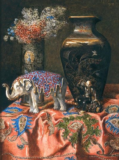 有日本花瓶和大象的静物