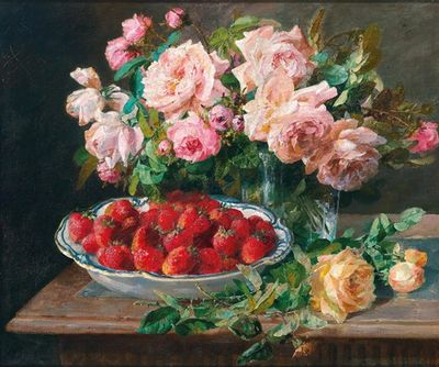 玫瑰静物和草莓碗